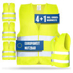 HELDENWERK Warnwesten Auto 5Er 4+1 Set Europaweit Gültig Nach EN ISO 20471 - Reflektierende Warnweste Auto Inkl. Kinderweste - Sicherheitsweste Auto Warnweste Gelb - Warnschutzweste Sicherheitswesten Gelb