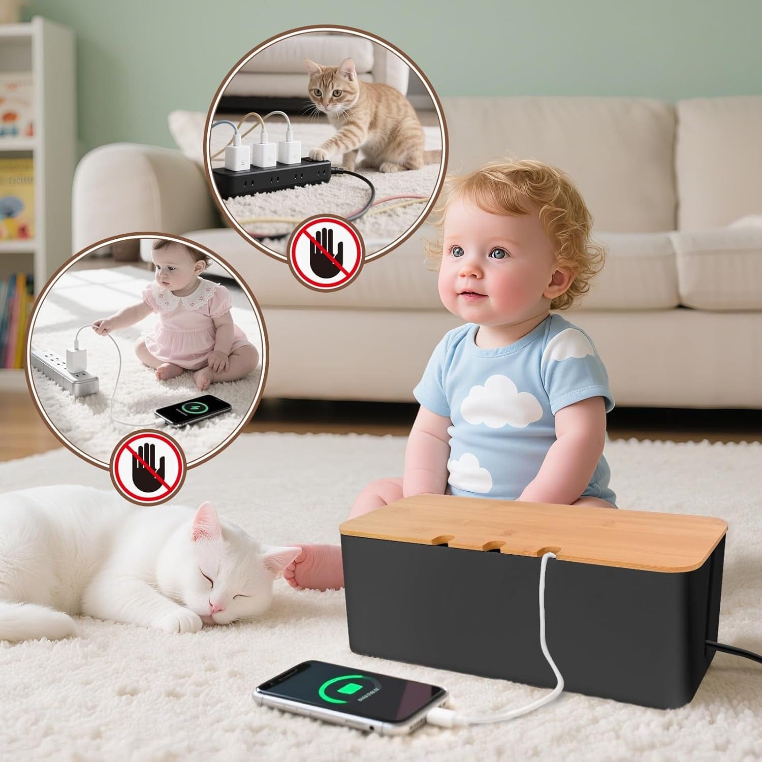 3 Stück Kabelbox Schwarz,Kabelmanagement Box Für Kabel Mit Bambusdeckel,Kabel Organizer Zum Verstecken Von Kabeln Organisieren Von Computerverkabelung Und Losen Kabeln