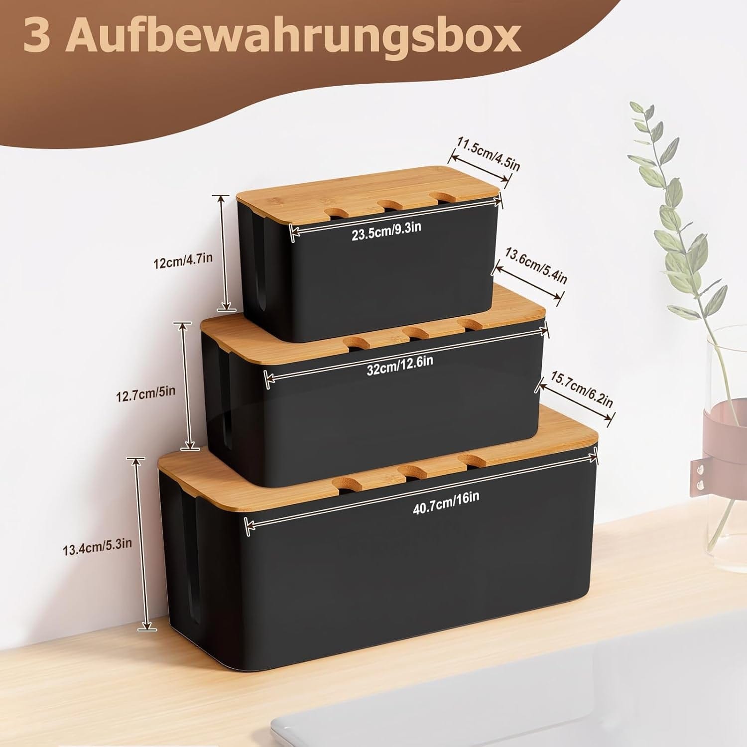 3 Stück Kabelbox Schwarz,Kabelmanagement Box Für Kabel Mit Bambusdeckel,Kabel Organizer Zum Verstecken Von Kabeln Organisieren Von Computerverkabelung Und Losen Kabeln