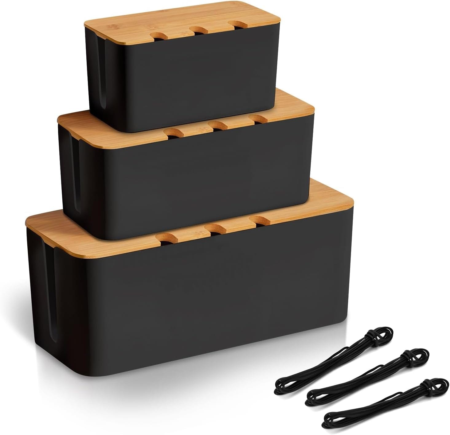 3 Stück Kabelbox Schwarz,Kabelmanagement Box Für Kabel Mit Bambusdeckel,Kabel Organizer Zum Verstecken Von Kabeln Organisieren Von Computerverkabelung Und Losen Kabeln Schwarz