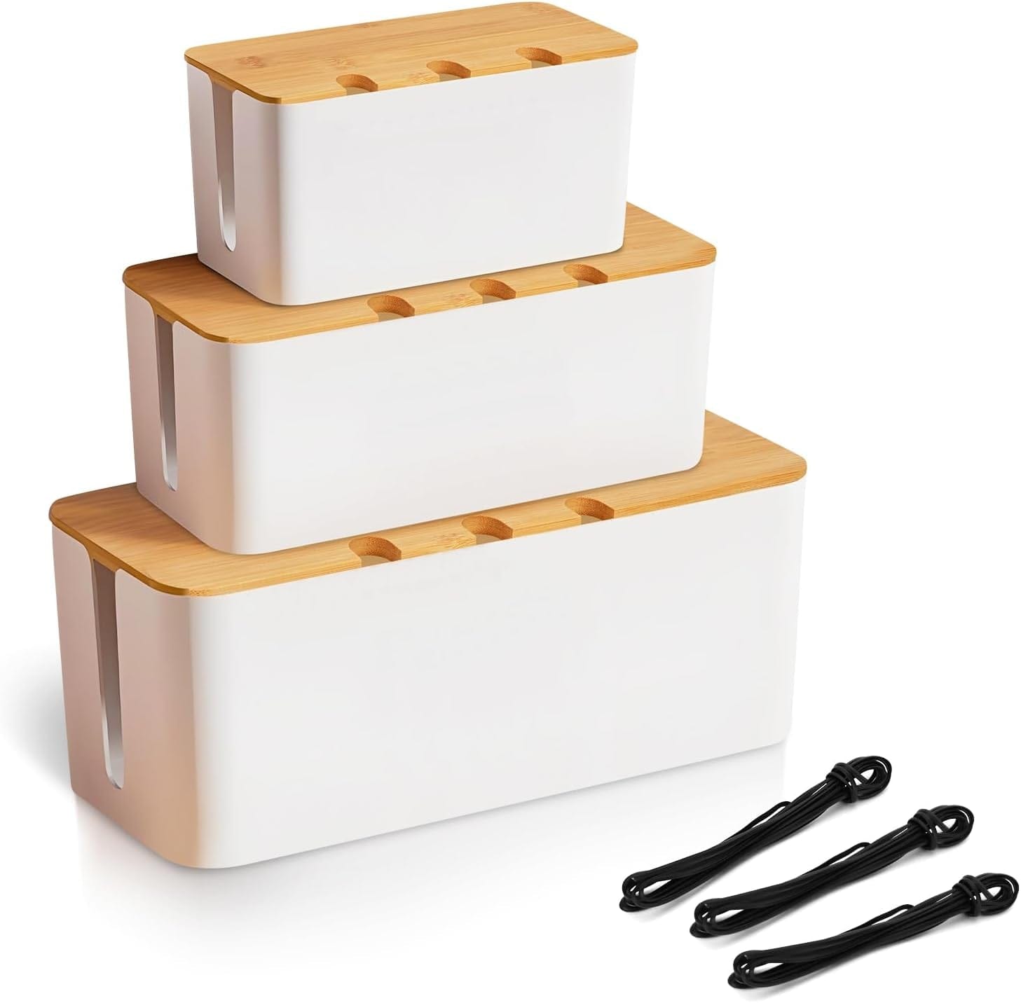 3 Stück Kabelbox Schwarz,Kabelmanagement Box Für Kabel Mit Bambusdeckel,Kabel Organizer Zum Verstecken Von Kabeln Organisieren Von Computerverkabelung Und Losen Kabeln Weiß