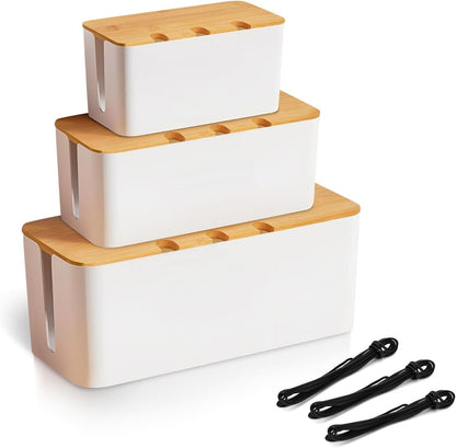 3 Stück Kabelbox Schwarz,Kabelmanagement Box Für Kabel Mit Bambusdeckel,Kabel Organizer Zum Verstecken Von Kabeln Organisieren Von Computerverkabelung Und Losen Kabeln Weiß