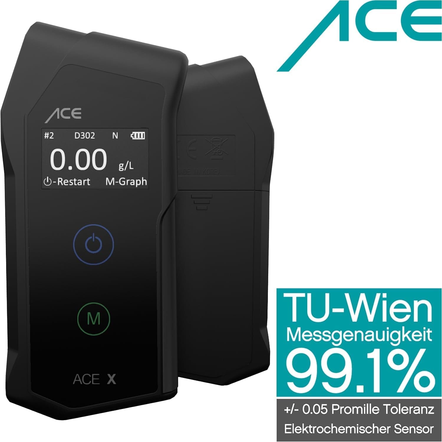 ACE X Alkotester - Digitaler Promilletester - Polizeigenauer Alkoholtester - TU Wien Testsieger (99,1% Genauigkeit)
