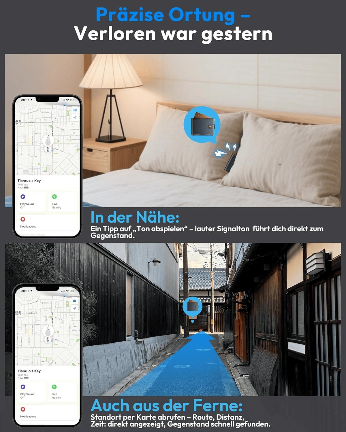 Air Tracker Tags 2Er Pack Schwarz, Key Finder Kompatibel Mit Apple Wo Ist? APP (Ios NUR), Smart Tag Für Schlüssel/Taschen, IP68 Wasserdicht Über EIN Jahr Batterielebensdauer Bluetooth Tracker