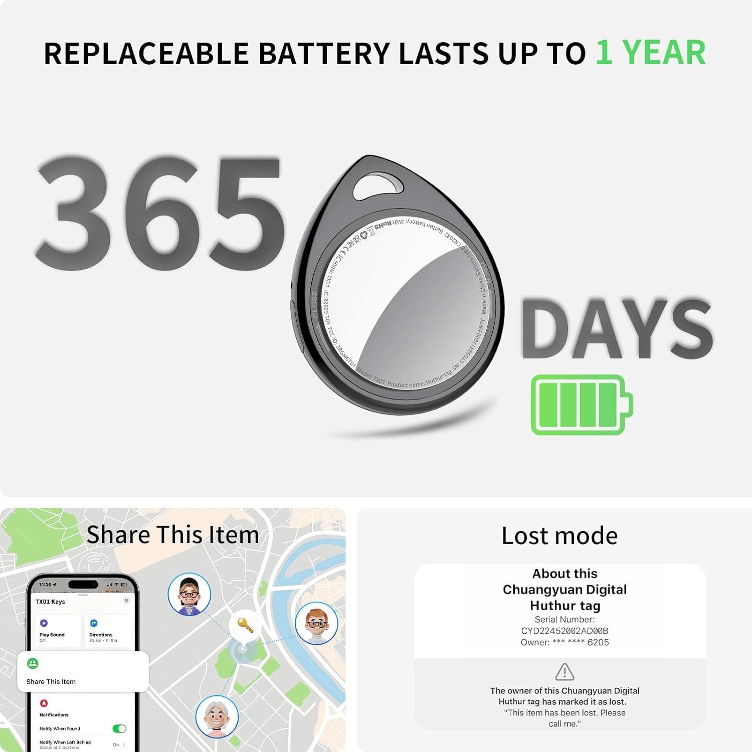 Air Tracker Tags Schlüsselfinder 4Er Pack, Schwarz | Smart Keyfinder Tag Kompatibel Mit Apple Wo Ist? APP (Ios NUR) Mit Schlüsselband, Koffer Tracker Für Gepäck/Taschen/Key, Austauschbarer Akku
