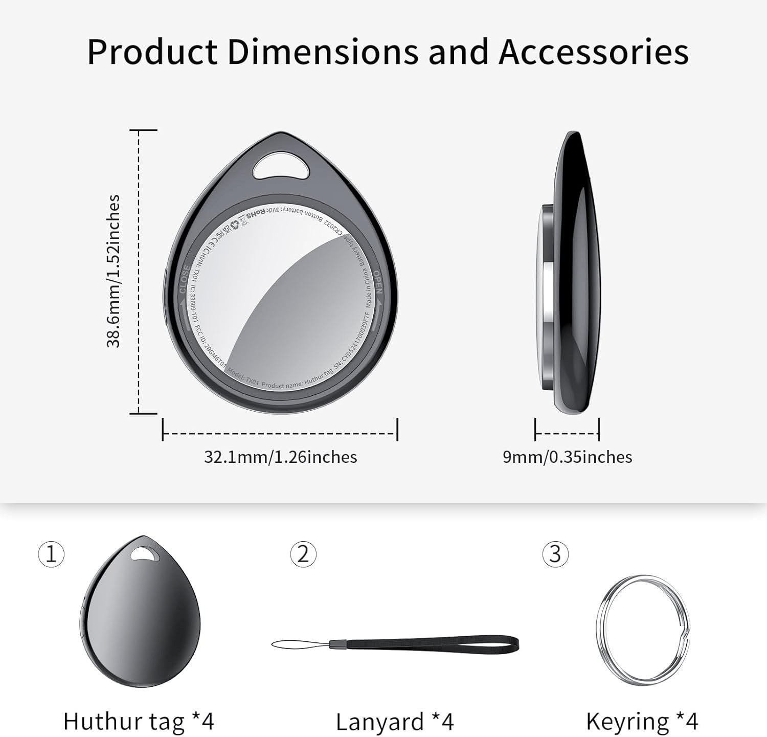 Air Tracker Tags Schlüsselfinder 4Er Pack, Schwarz | Smart Keyfinder Tag Kompatibel Mit Apple Wo Ist? APP (Ios NUR) Mit Schlüsselband, Koffer Tracker Für Gepäck/Taschen/Key, Austauschbarer Akku