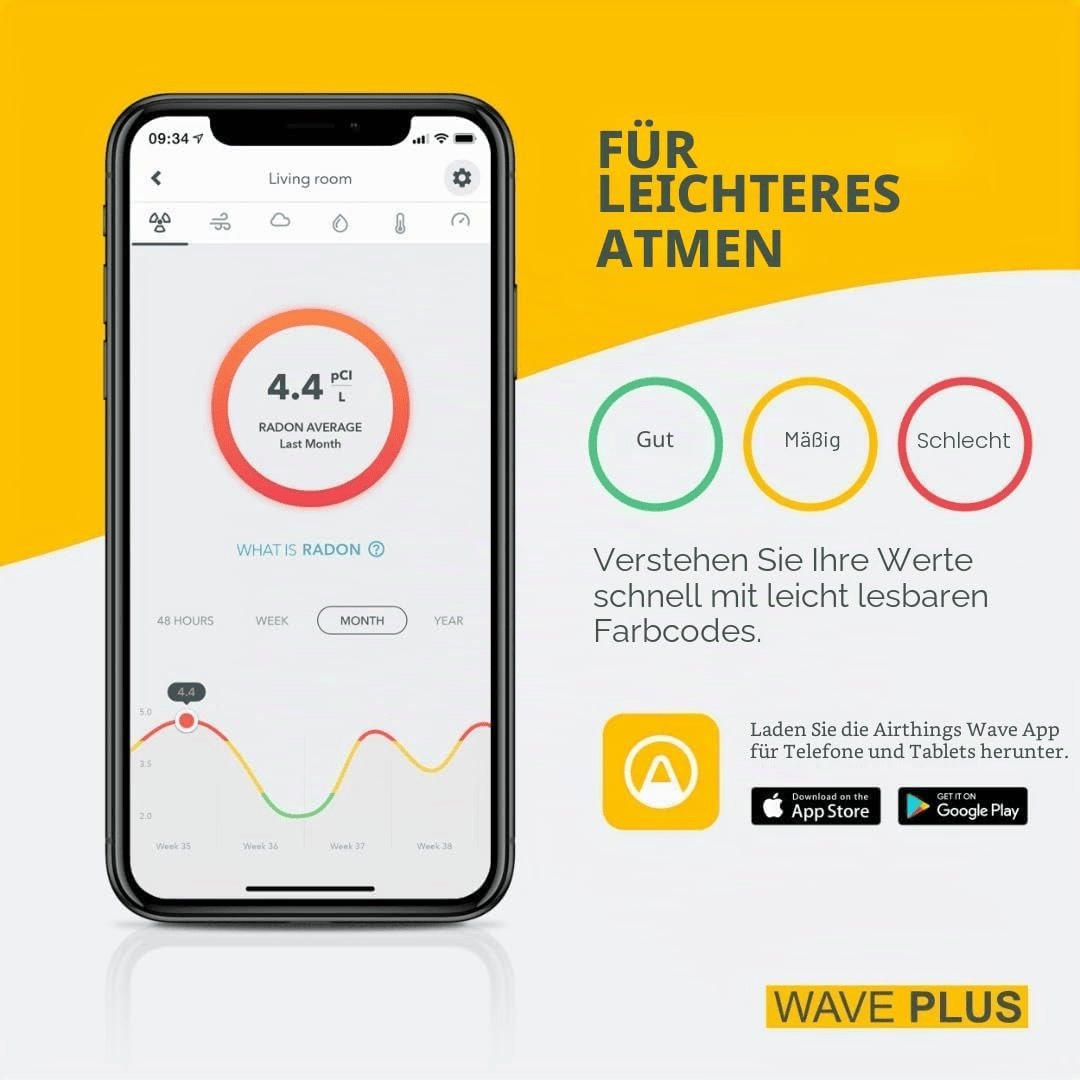 Airthings 2930 Wave plus – Radon- Und Luftqualität-Messgerät Zur Überwachung Von Radon, Co2-Konzentration, Voc-Konzentration, Luftdruck, Feuchtigkeit Und Temperatur White / Weiß