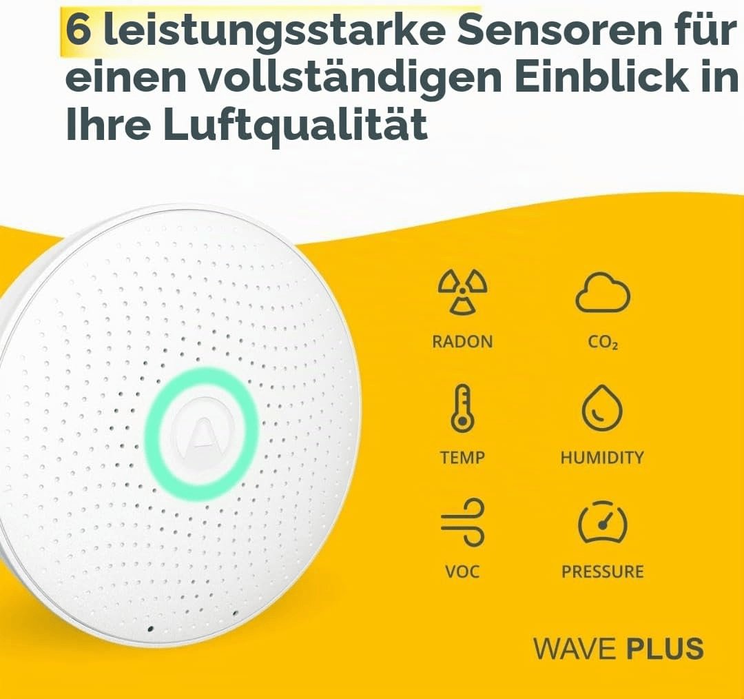 Airthings 2930 Wave plus – Radon- Und Luftqualität-Messgerät Zur Überwachung Von Radon, Co2-Konzentration, Voc-Konzentration, Luftdruck, Feuchtigkeit Und Temperatur White / Weiß