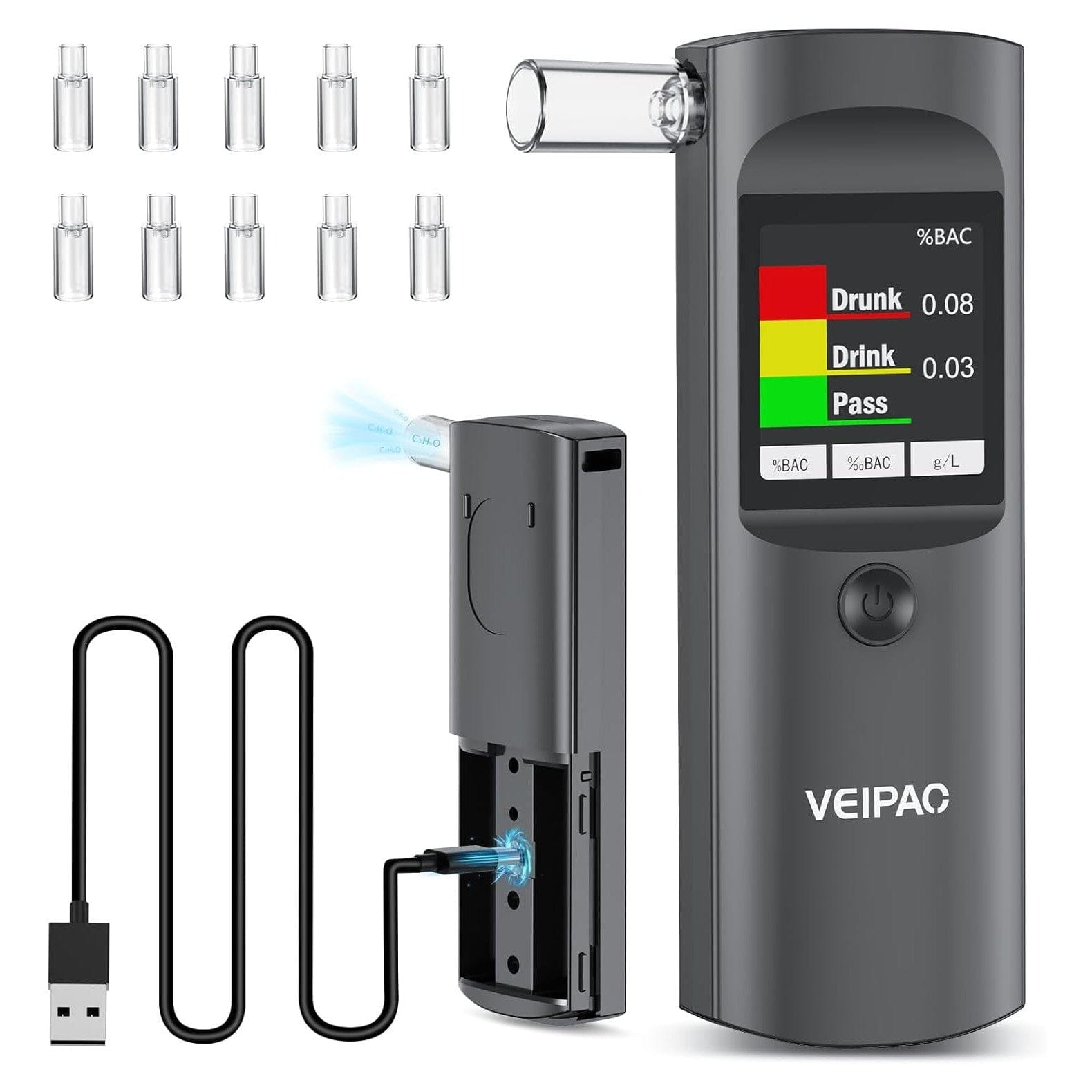 Alkoholtester Polizeigenau Alkoholtest Promillemessgerät: Tragbarer Alcohol Tester Promilletester Mit 11 Mundstücken - Digitaler Alkotester Hohe Genauigkeit Für Persönlichen Gebrauch Sensor - Schwarz Grau