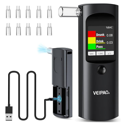 Alkoholtester Polizeigenau Alkoholtest Promillemessgerät: Tragbarer Alcohol Tester Promilletester Mit 11 Mundstücken - Digitaler Alkotester Hohe Genauigkeit Für Persönlichen Gebrauch Sensor - Schwarz Schwarz