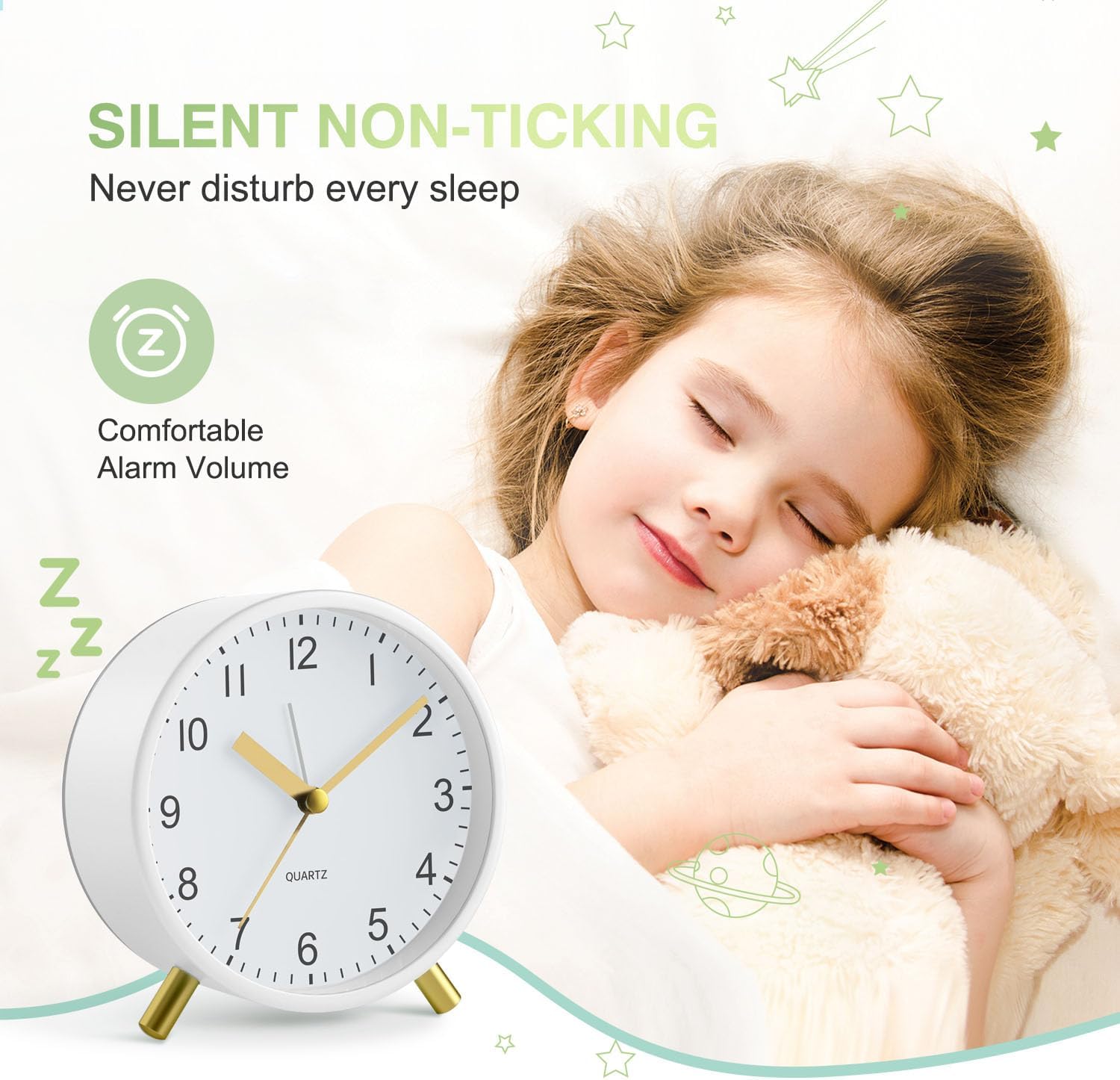 Analoger Wecker Mit Nachtlicht, Batteriebetrieben, Modischer Runder Metall Wecker Für Büro, Schlafzimmer, Ältere, Erwachsene, Kinder, Einschulung Geschenk (Weiß) Weiß