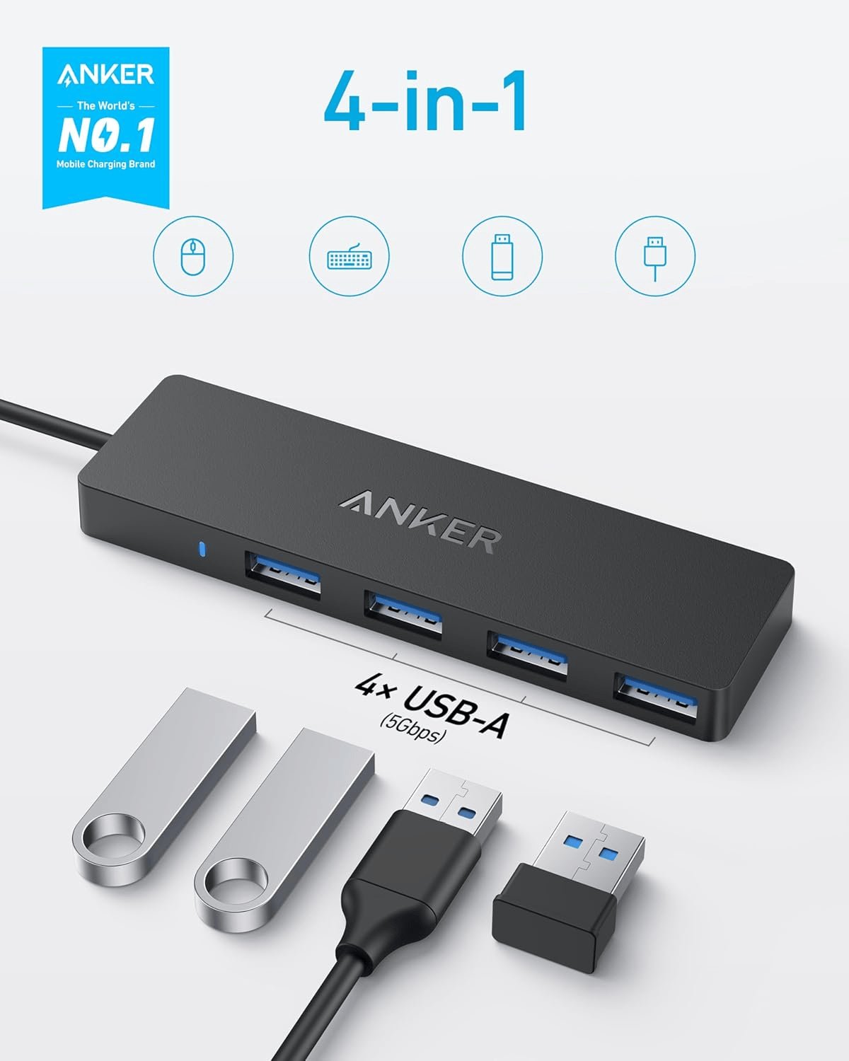 Anker USB-C Hub, 4 Port USB 3.0 Datenhub Mit 5 Gbit/S Datenübertragung, 60Cm Erweiterungskabel (Ohne Ladeleistung), USB-C Splitter Für Typ-C Macbook, Mac Pro, Imac, Surface, Flash Drive, Mobile HDD