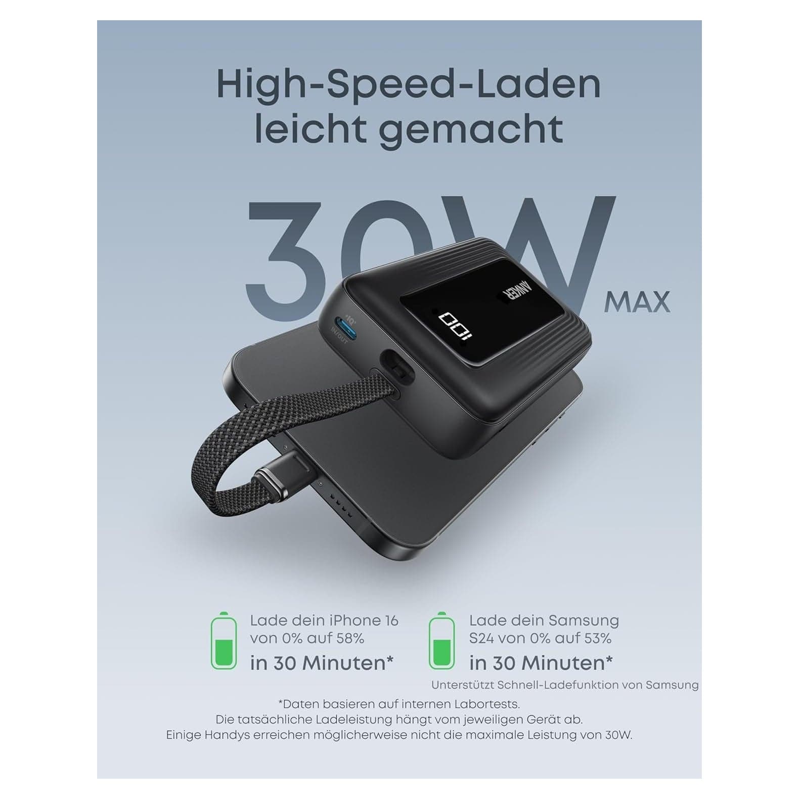 Anker Zolo 20000 mAh 30 W mit Integriertem USB-C Kabel Schwarz