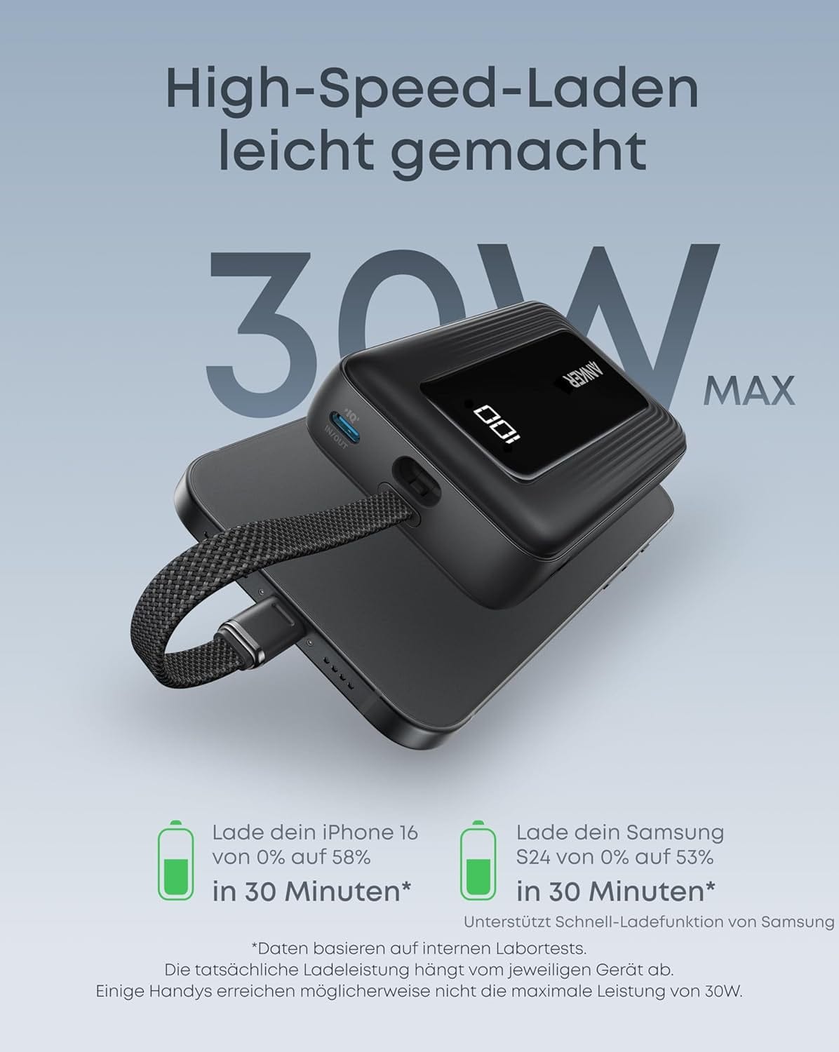 Anker Zolo Powerbank (2025 Upgrade), 20000Mah, 30W High-Speed-Ladegerät Mit Integriertem USB-C Kabel, Akku-Pack Für Iphone 17/16/15-Serie, Galaxy Und Mehr
