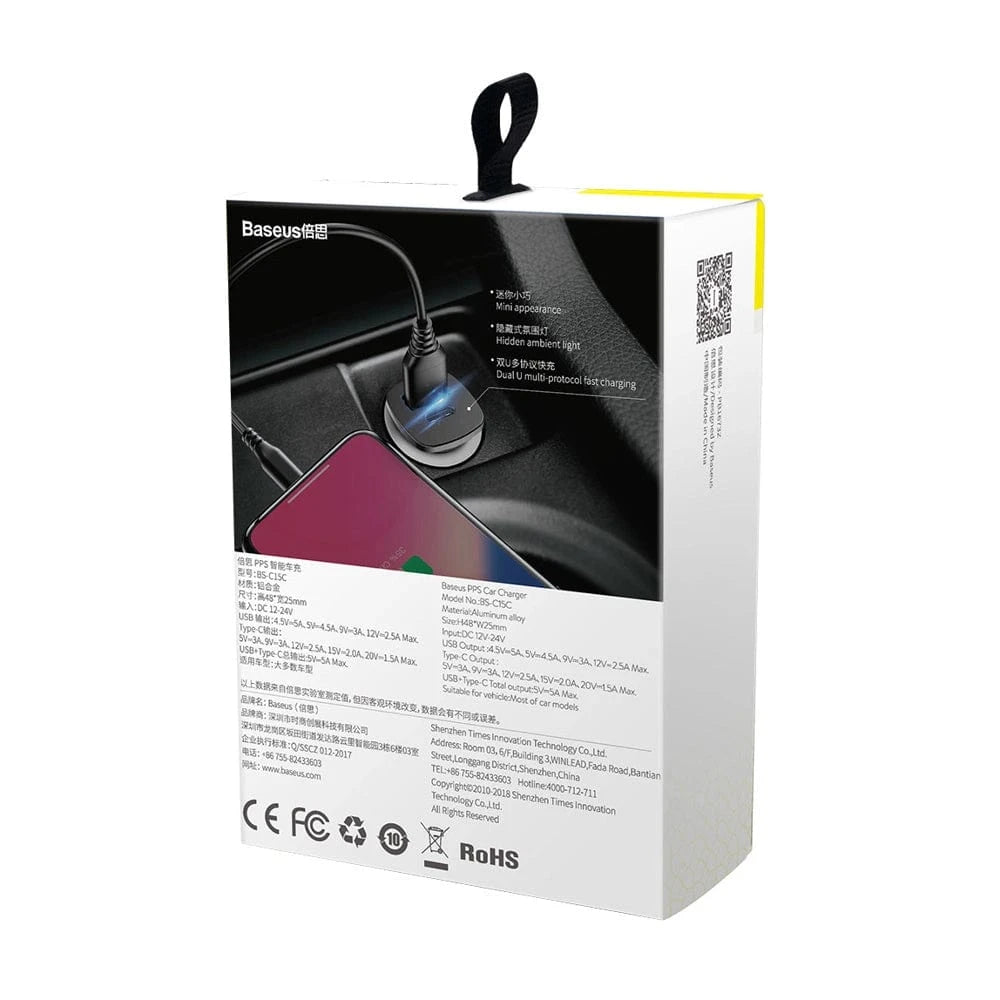 Baseus Mini Car Charger – 30W Dual Port USB-C PD and USB QC 4.0  Black