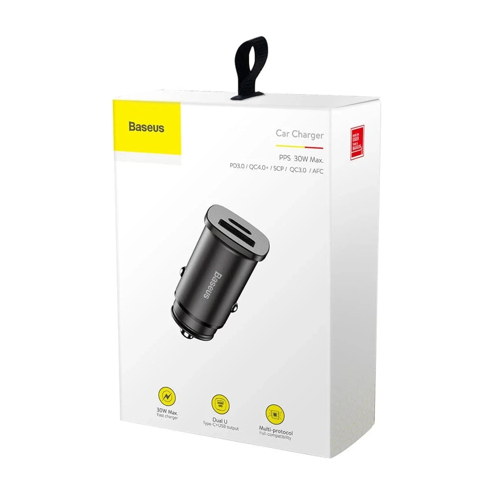 Baseus Mini Car Charger – 30W Dual Port USB-C PD and USB QC 4.0  Black