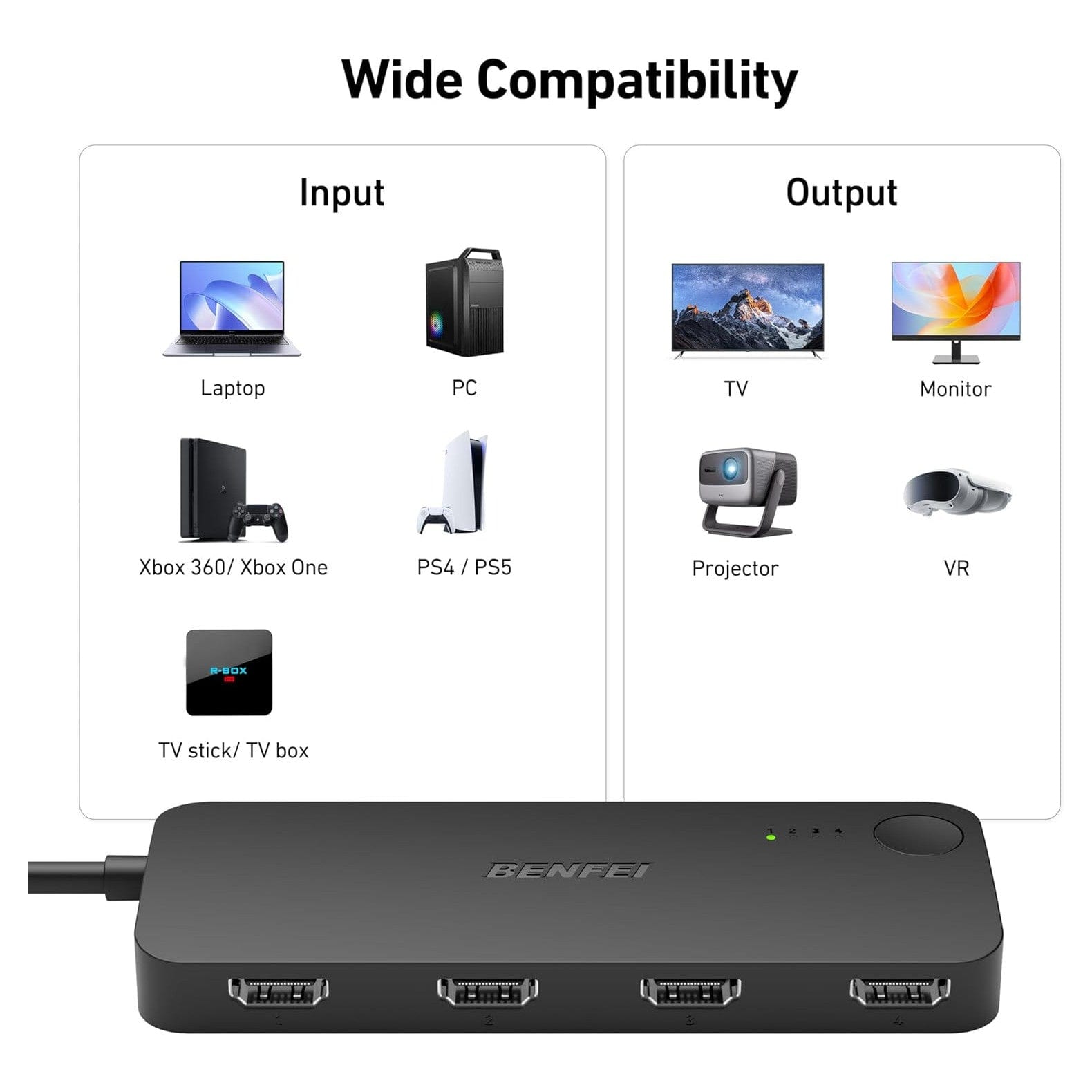 BENFEI HDMI Switch 4 in 1 Out 4K@60Hz 2K@144Hz HDCP 2.3 【Mit Adaptiver Entzerrungsunterstützung 9.14M Hdmi-Übertragung】,Hdmi Switcher HDMI Verteiler Für PS5/4 Xbox Roku Firestick