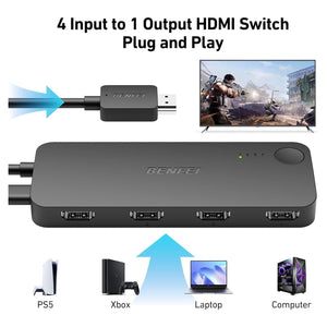 BENFEI HDMI Switch 4 in 1 Out 4K@60Hz 2K@144Hz HDCP 2.3 【Mit Adaptiver Entzerrungsunterstützung 9.14M Hdmi-Übertragung】,Hdmi Switcher HDMI Verteiler Für PS5/4 Xbox Roku Firestick