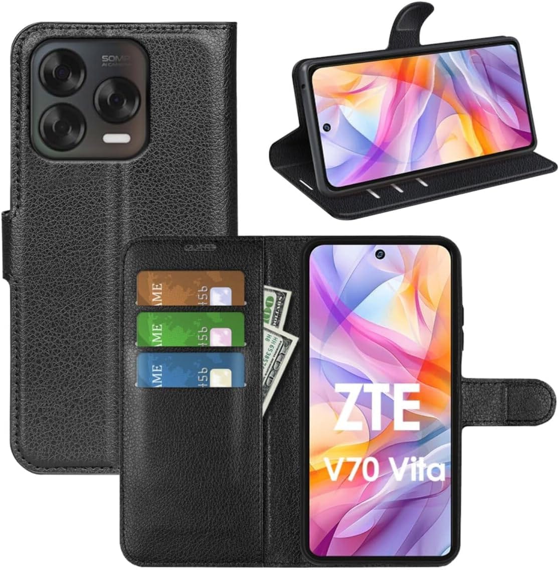 Betterfon Handyhülle Kompatibel Mit ZTE Blade V70 | Premium TPU Klapphülle Mit Kartenfächern | Magnetverschluss Wallet Flip Case Standfunktion | Schwarz Schwarz / Zte Blade V40 Vita