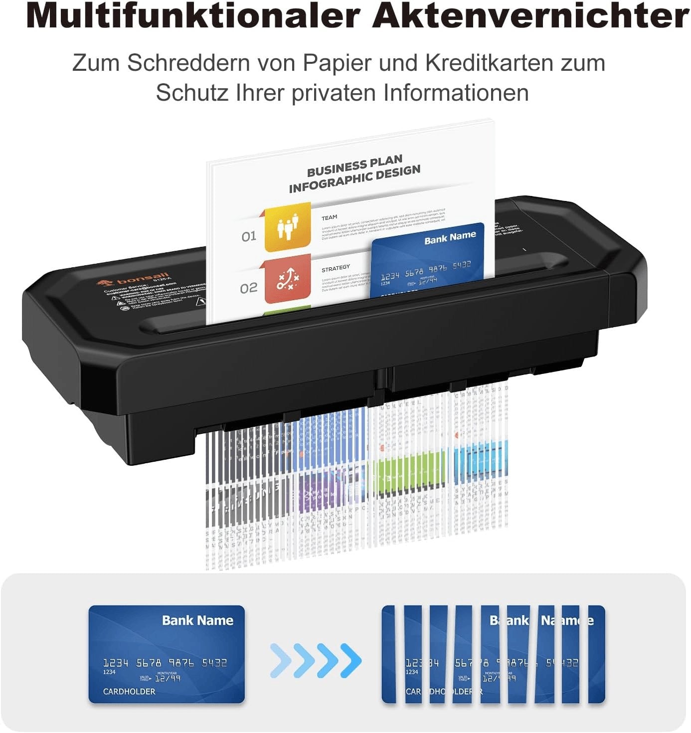 Bonsaii Aktenvernichter, 6-Blatt Streifenschnitt Für Homeoffice, Inklusive Kreditkartenvernichtung, P-2, Ausziehbarem Griff, Geeignet Für Abfallbehälter Mit 31,5–39,5Cm Durchmesser, S125-A 6-Blatt