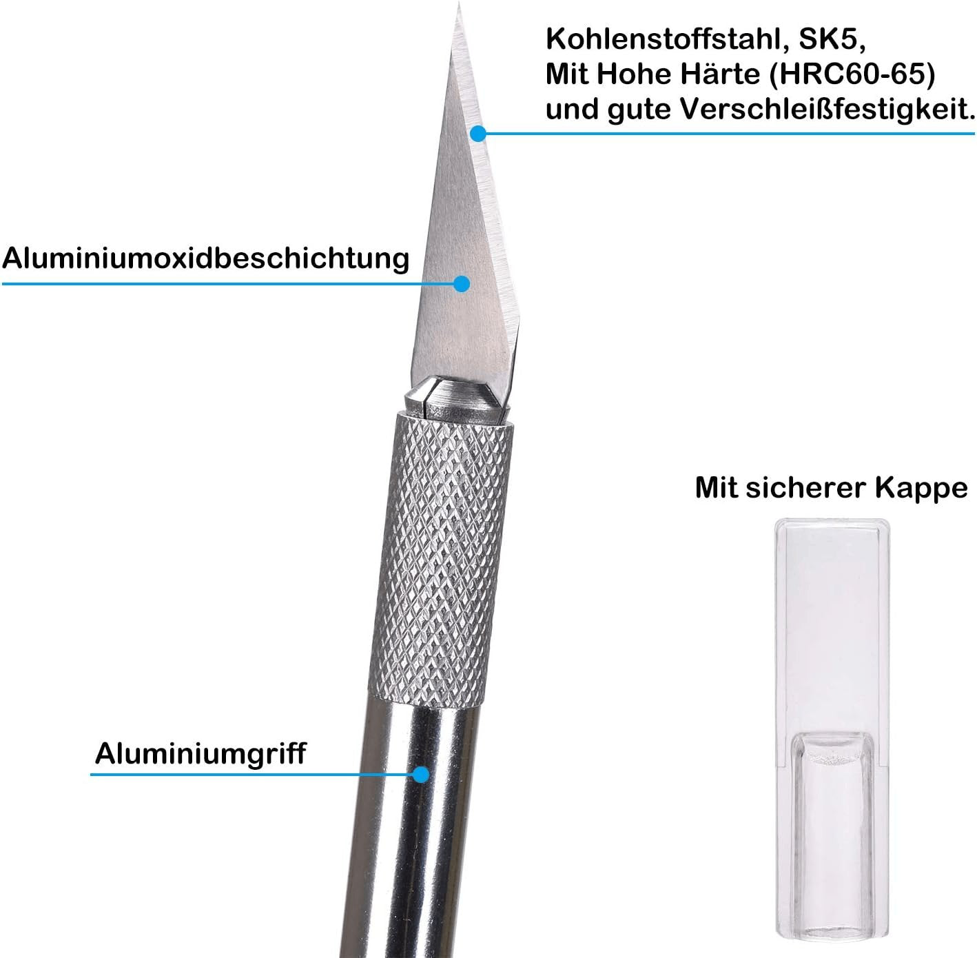 Dealkits Skalpell Set, Inkl. 10X SK5 Ersatzklingen Und Schutzkappe, Bastelmesser Cuttermesser Comfortline Hobby- Schnitzmesser Zum Schneiden Von Fondant Stoff Autofolie Basteln (Silber)