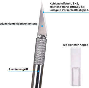 Dealkits Skalpell Set, Inkl. 10X SK5 Ersatzklingen Und Schutzkappe, Bastelmesser Cuttermesser Comfortline Hobby- Schnitzmesser Zum Schneiden Von Fondant Stoff Autofolie Basteln (Silber)