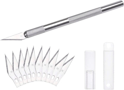 Dealkits Skalpell Set, Inkl. 10X SK5 Ersatzklingen Und Schutzkappe, Bastelmesser Cuttermesser Comfortline Hobby- Schnitzmesser Zum Schneiden Von Fondant Stoff Autofolie Basteln (Silber) Silber