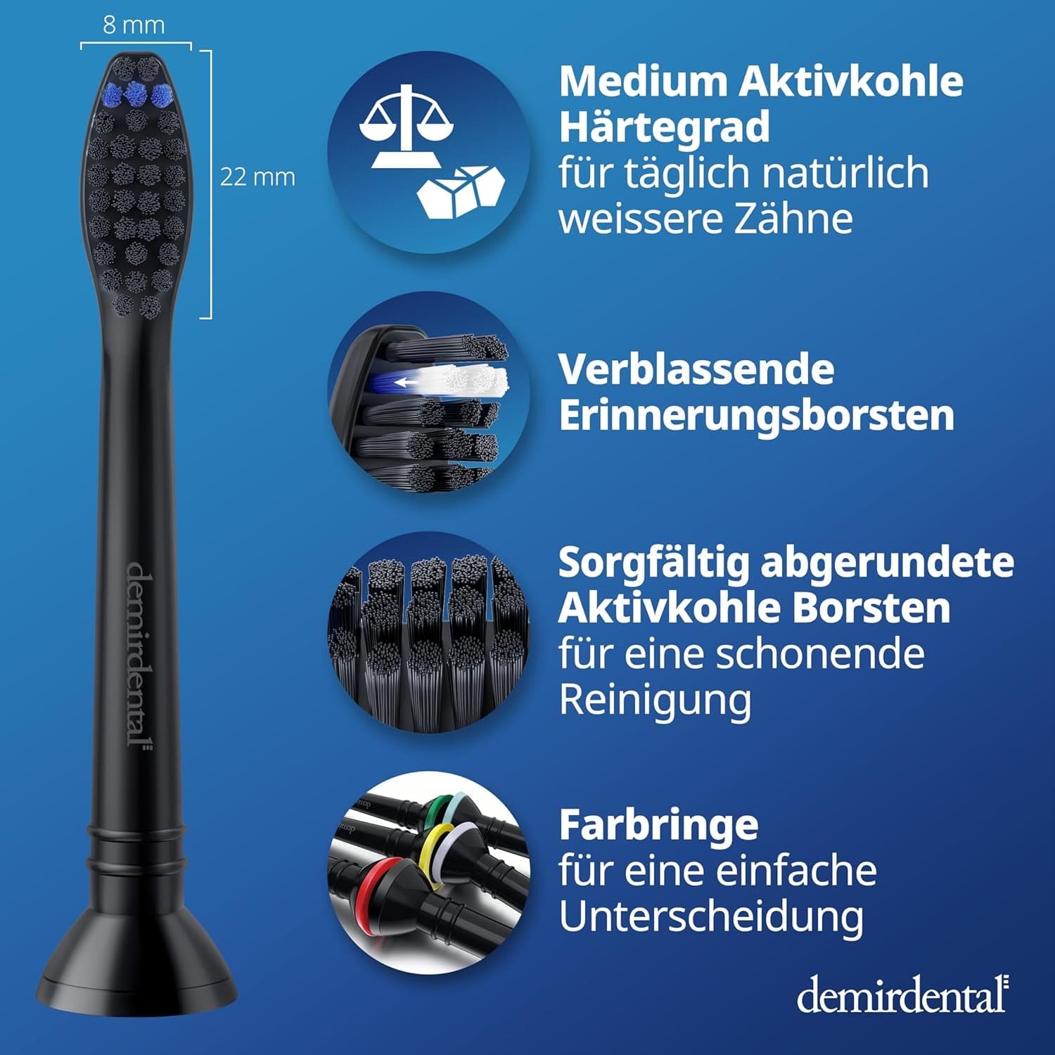 Demirdental Aktivkohle Ersatzbürsten Passend Für Philips Sonicare Ersatzbürsten, Medium Ersatzbürsten Für Natürliche Reinigung, Schwarz, Entspricht Hx9058Mb, 8Er Set