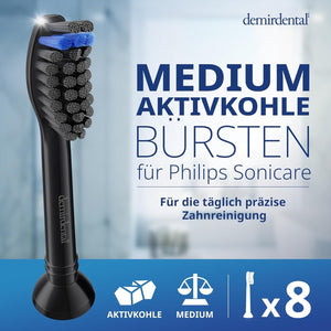 Demirdental Aktivkohle Ersatzbürsten Passend Für Philips Sonicare Ersatzbürsten, Medium Ersatzbürsten Für Natürliche Reinigung, Schwarz, Entspricht Hx9058Mb, 8Er Set