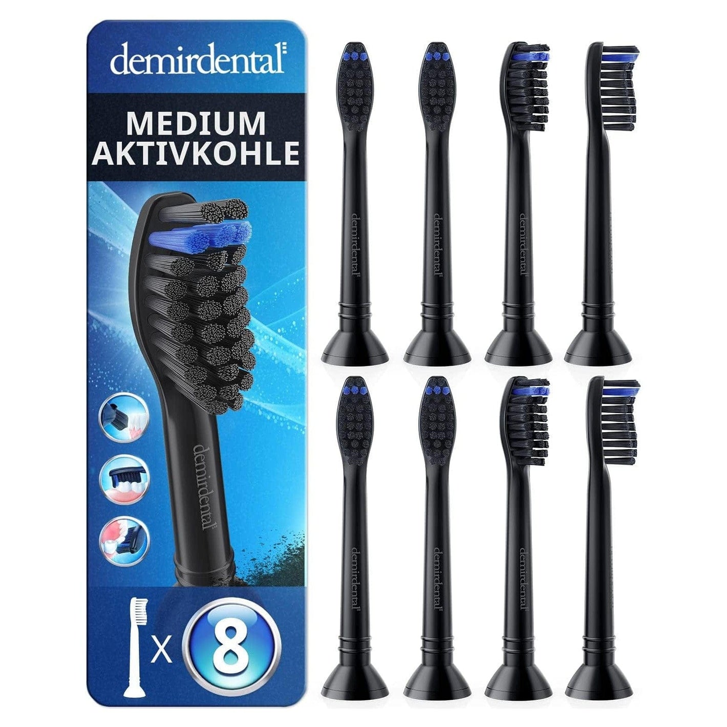 Demirdental Aktivkohle Ersatzbürsten Passend Für Philips Sonicare Ersatzbürsten, Medium Ersatzbürsten Für Natürliche Reinigung, Schwarz, Entspricht Hx9058Mb, 8Er Set