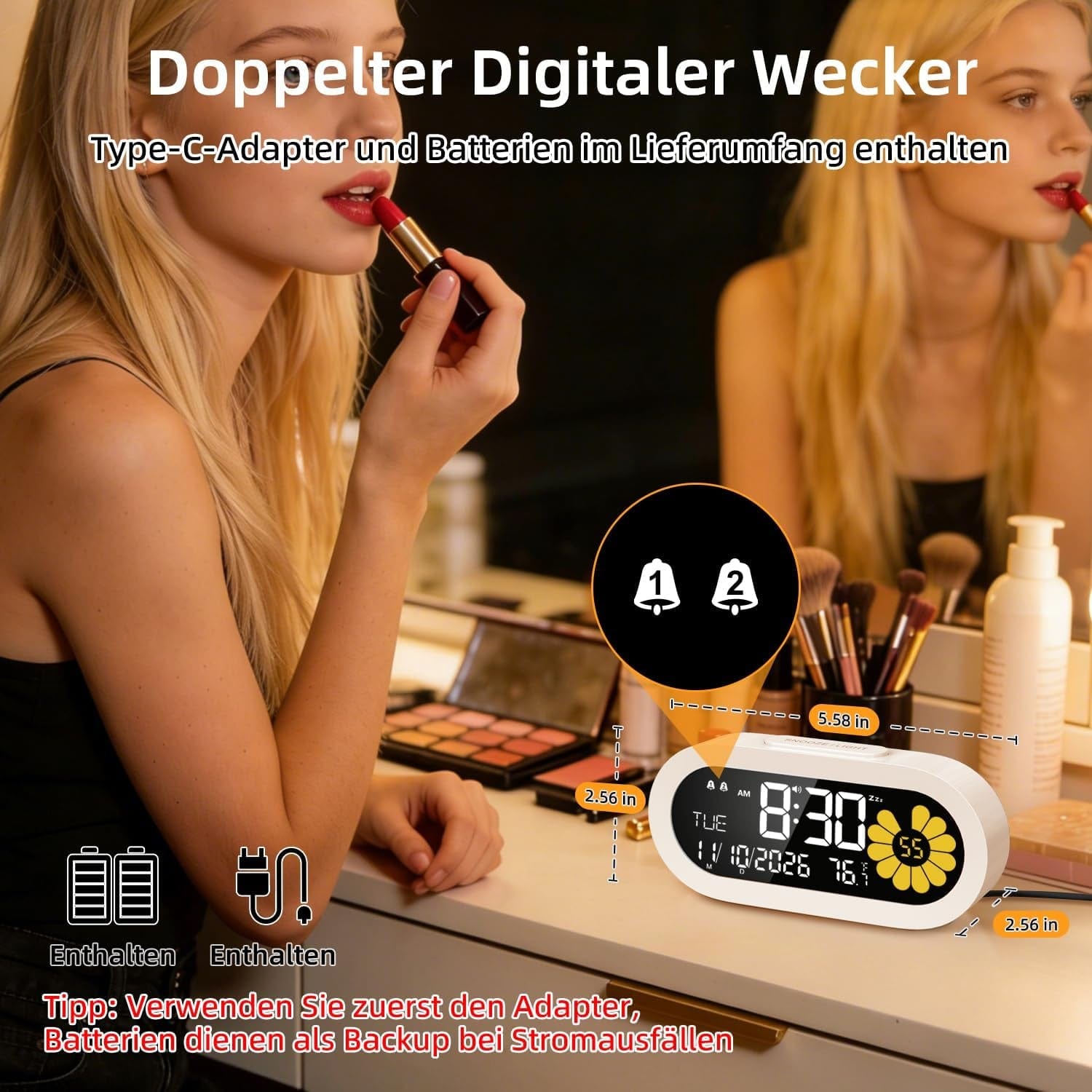 DOOMAY Moderner Digitaler Wecker Für Schlafzimmer & Nachttisch: Dual-Alarm Mit Va-Lcd-Display, 3 Helligkeitsstufen, Schlummerfunktion & Wochenendmodus – Type-C-Betrieben Mit Batterie-Backup