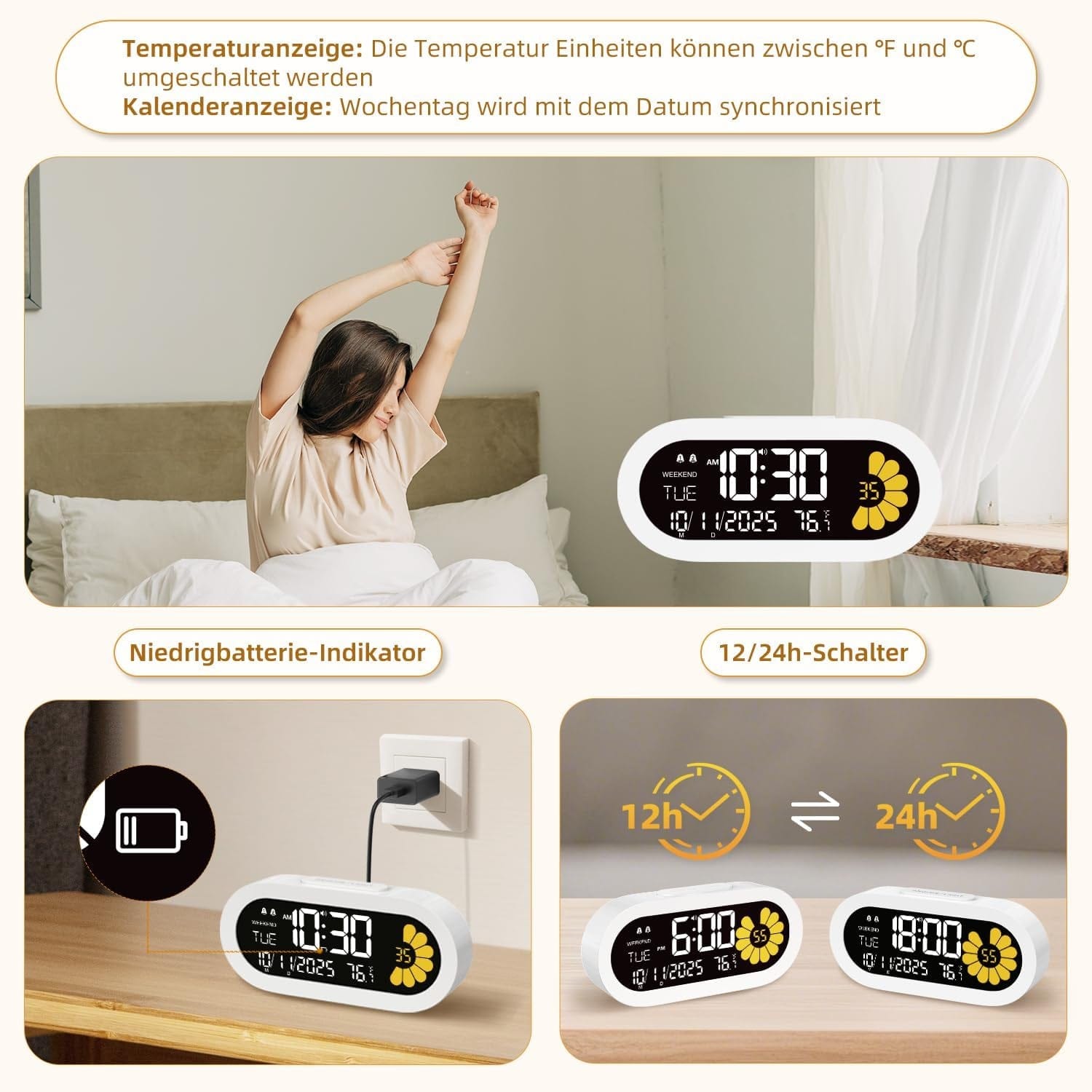 DOOMAY Moderner Digitaler Wecker Für Schlafzimmer & Nachttisch: Dual-Alarm Mit Va-Lcd-Display, 3 Helligkeitsstufen, Schlummerfunktion & Wochenendmodus – Type-C-Betrieben Mit Batterie-Backup