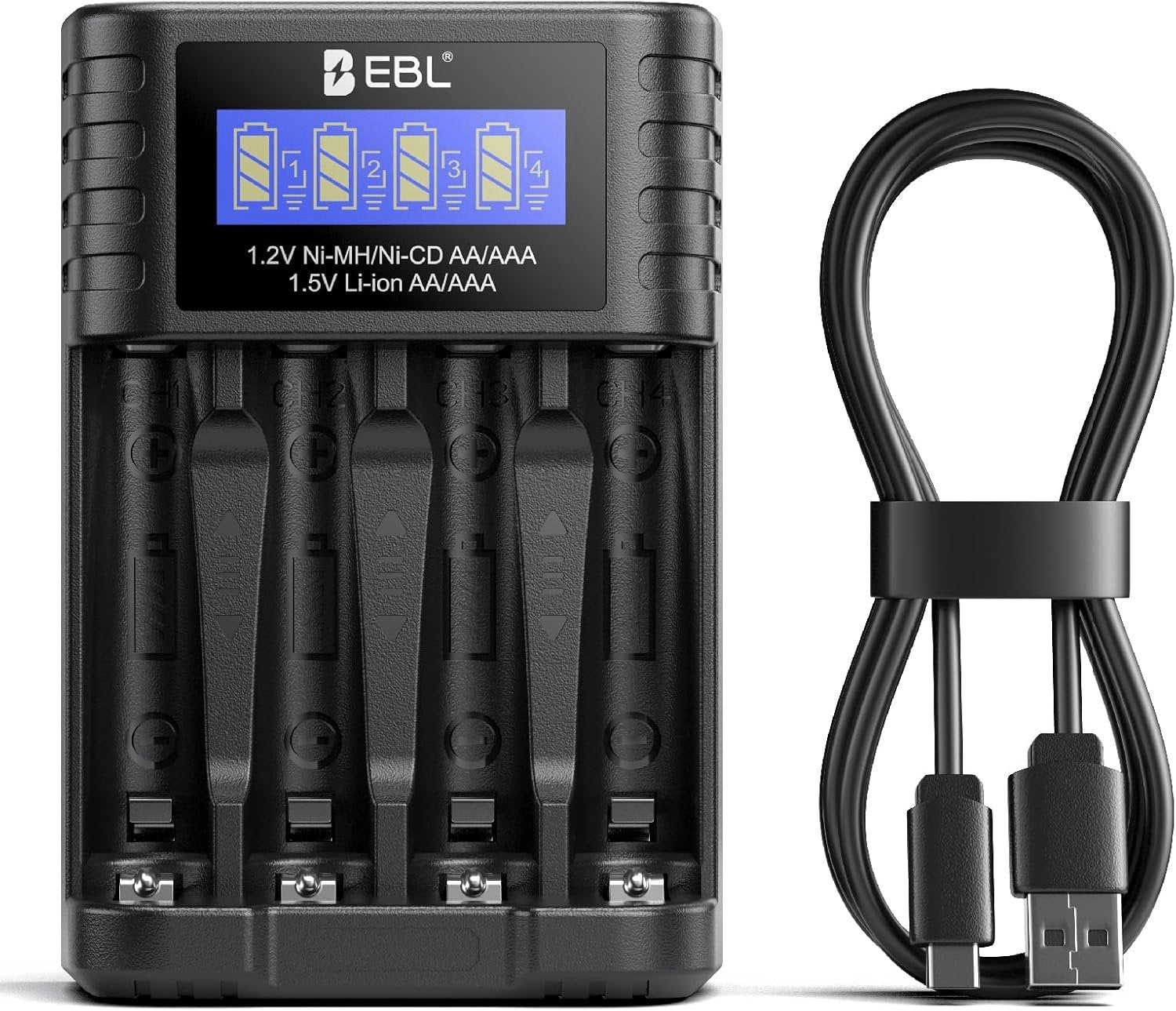 EBL Akku Ladegerät Für AA AAA 1,2V NI-MH 1,5V Li-Ionen Wiederaufladbare Batterien, Type-C Eingang, Intelligentes Anzeige- Und Erkennungssystem, Separater Ladeschacht