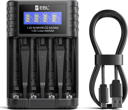 EBL Akku Ladegerät Für AA AAA 1,2V NI-MH 1,5V Li-Ionen Wiederaufladbare Batterien, Type-C Eingang, Intelligentes Anzeige- Und Erkennungssystem, Separater Ladeschacht