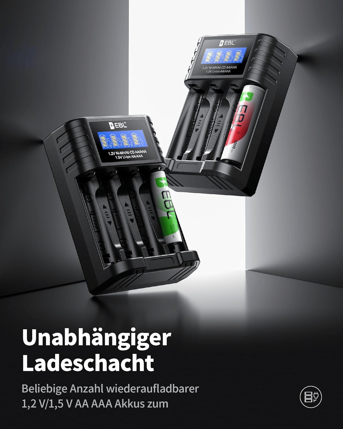 EBL Akku Ladegerät Für AA AAA 1,2V NI-MH 1,5V Li-Ionen Wiederaufladbare Batterien, Type-C Eingang, Intelligentes Anzeige- Und Erkennungssystem, Separater Ladeschacht