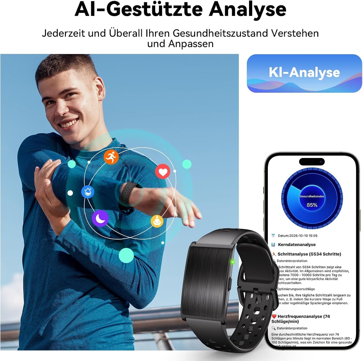 Fitness Tracker Damen Herren Ohne Display, Smartband Smartwatch 24/7 Aktivitäts Und Schlaftracker Mit Herzfrequenz Mit Ki-Analyse, 60 Tage Akkulaufzeit, 170+ Sportmodi, Kein ABO Erforderlich Schwarz