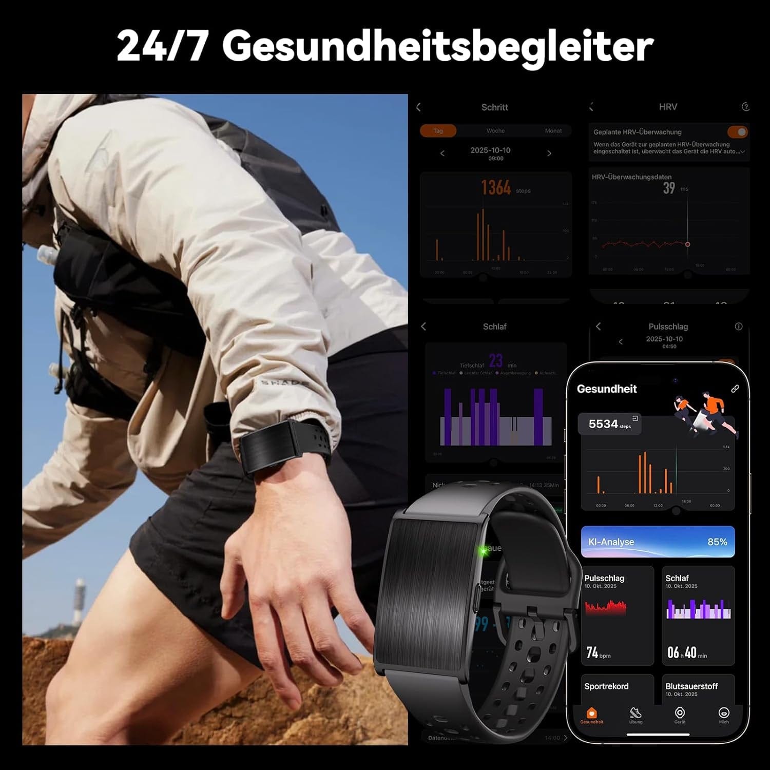 Fitness Tracker Damen Herren Ohne Display, Smartband Smartwatch 24/7 Aktivitäts Und Schlaftracker Mit Herzfrequenz Mit Ki-Analyse, 60 Tage Akkulaufzeit, 170+ Sportmodi, Kein ABO Erforderlich Schwarz