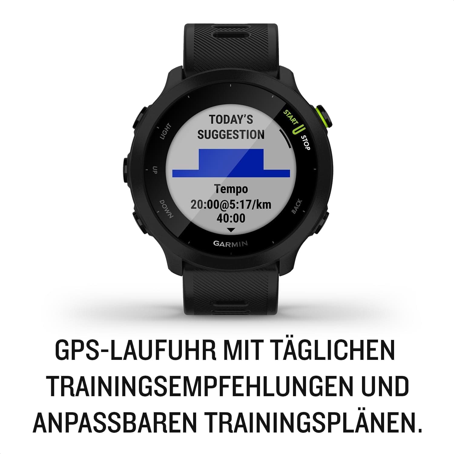 Garmin Forerunner 55 – Gps-Laufuhr Mit 1,04“ Always-On-Farbdisplay, Täglichen Trainingsempfehlungen, Laufzeitprognose, Sport-Apps, Schwarz Und Bis Zu 14 Tagen Akkulaufzeit. Schwarz / Single