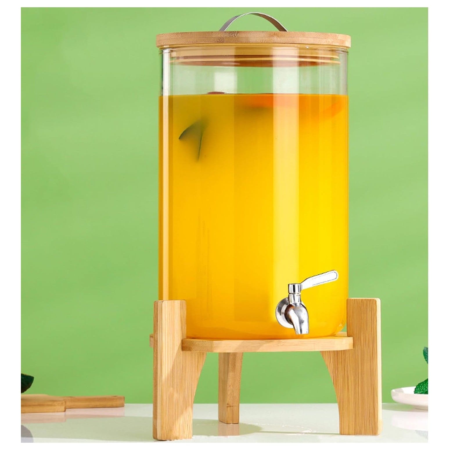 Getränkespender Mit Ständer, 5L Getränkespender Aus Glas Mit Rostfreiem Wasserhahn, Getränkespender Mit Bambusständer, Eiskalt- Oder Heißgetränkespender Für Partys