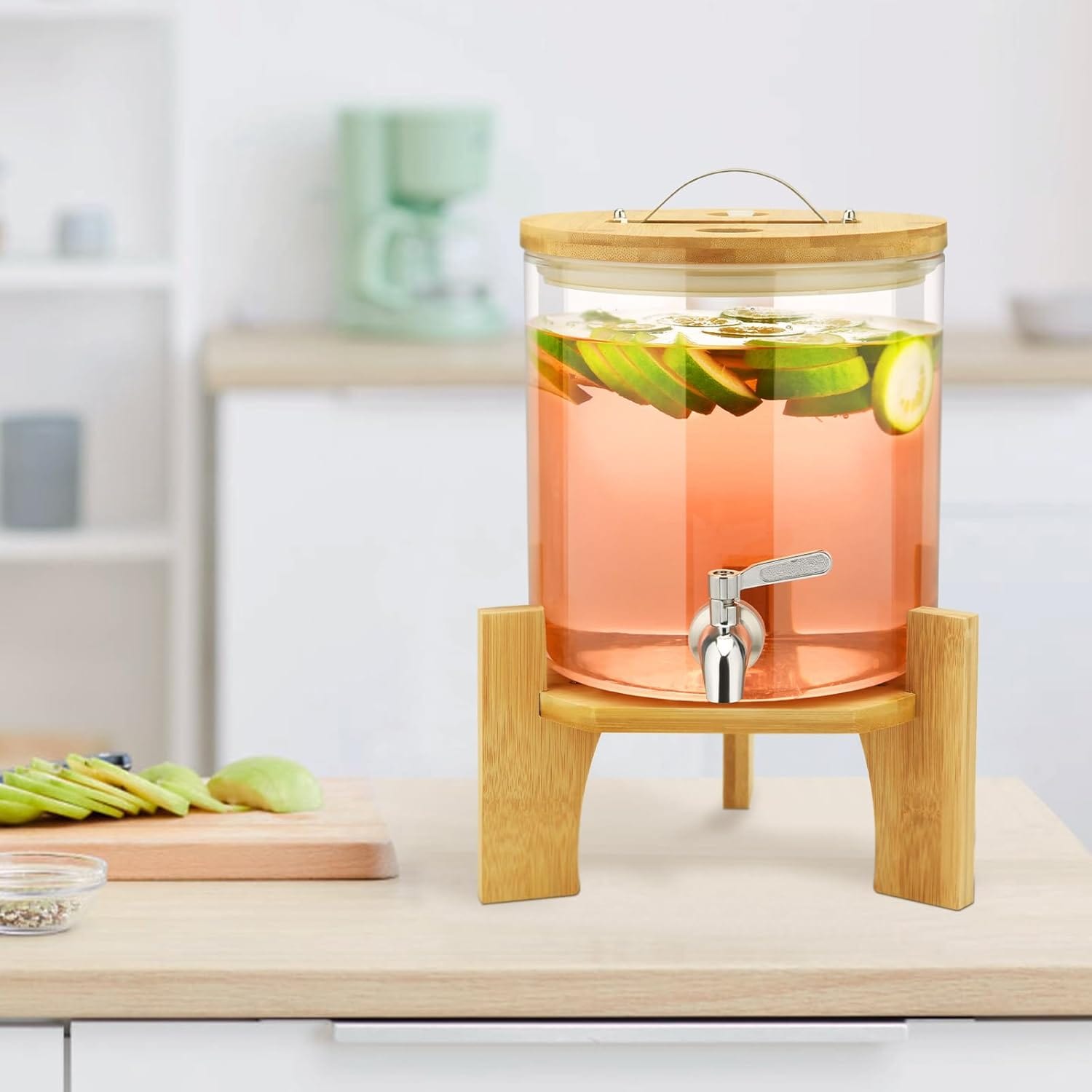 Getränkespender Mit Ständer, 5L Getränkespender Aus Glas Mit Rostfreiem Wasserhahn, Getränkespender Mit Bambusständer, Eiskalt- Oder Heißgetränkespender Für Partys