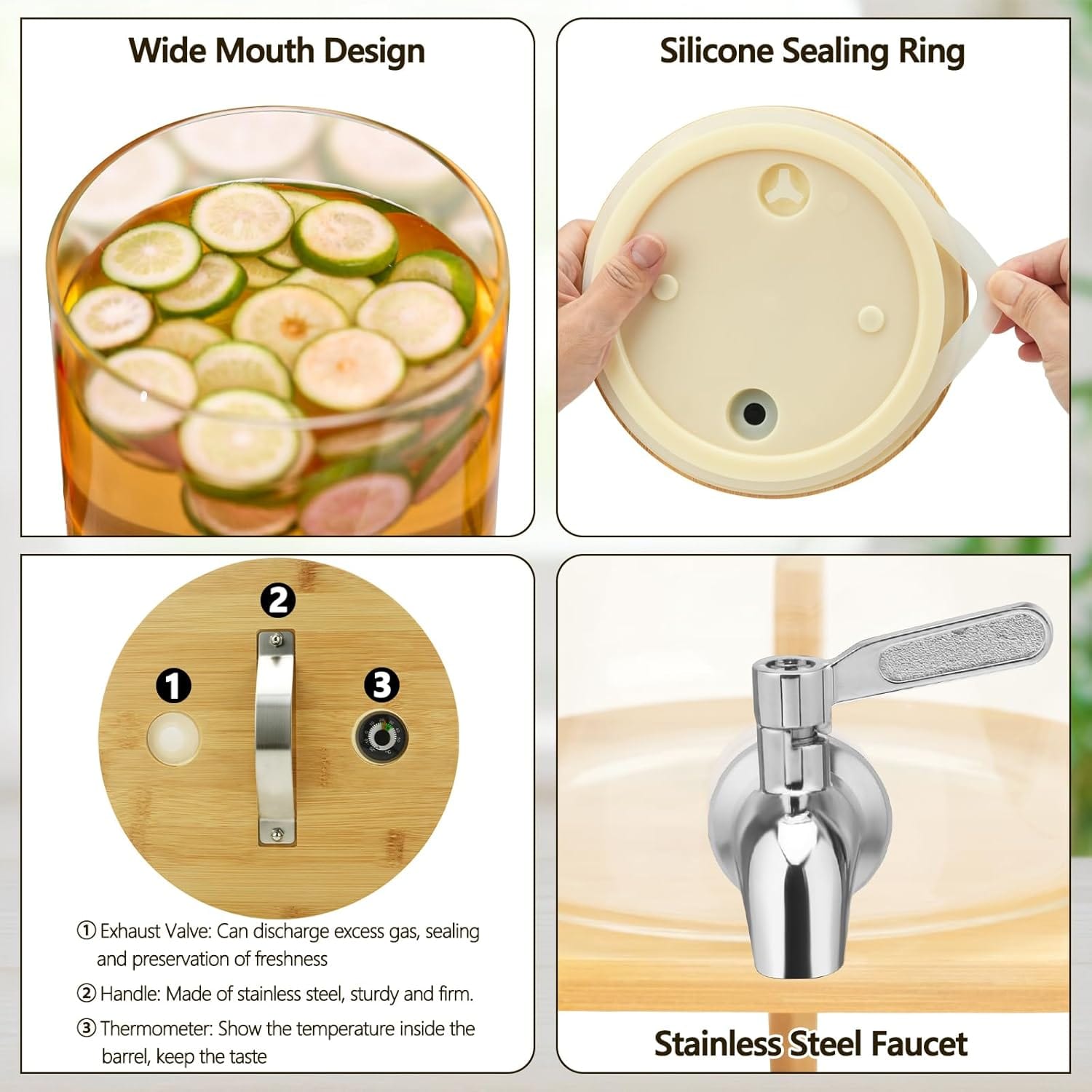 Getränkespender Mit Ständer, 5L Getränkespender Aus Glas Mit Rostfreiem Wasserhahn, Getränkespender Mit Bambusständer, Eiskalt- Oder Heißgetränkespender Für Partys