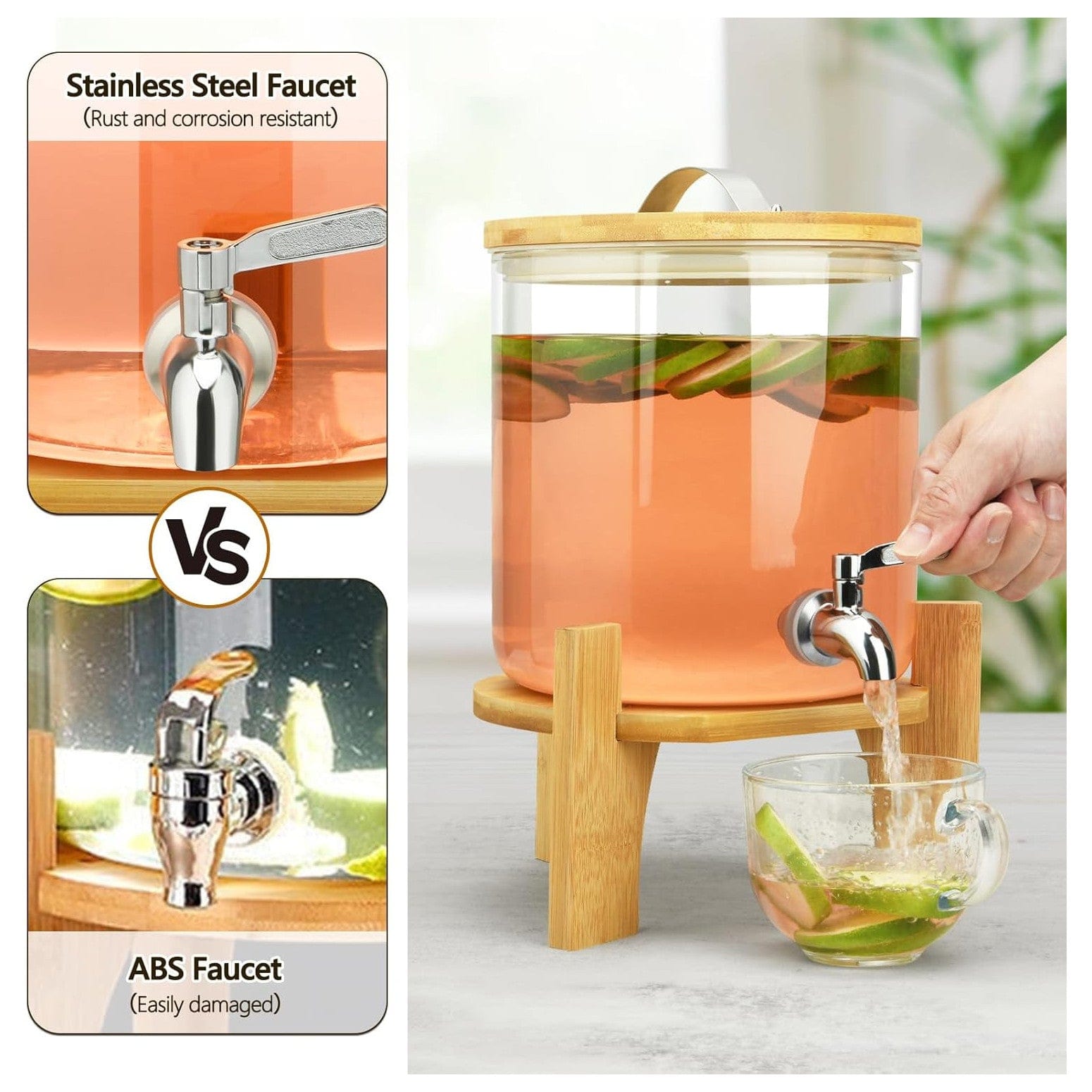 Getränkespender Mit Ständer, 5L Getränkespender Aus Glas Mit Rostfreiem Wasserhahn, Getränkespender Mit Bambusständer, Eiskalt- Oder Heißgetränkespender Für Partys
