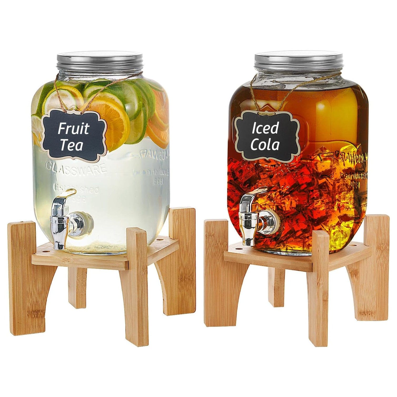 Getränkespender Mit Ständer, 5L Getränkespender Aus Glas Mit Rostfreiem Wasserhahn, Getränkespender Mit Bambusständer, Eiskalt- Oder Heißgetränkespender Für Partys 4L Mit Bambusständer