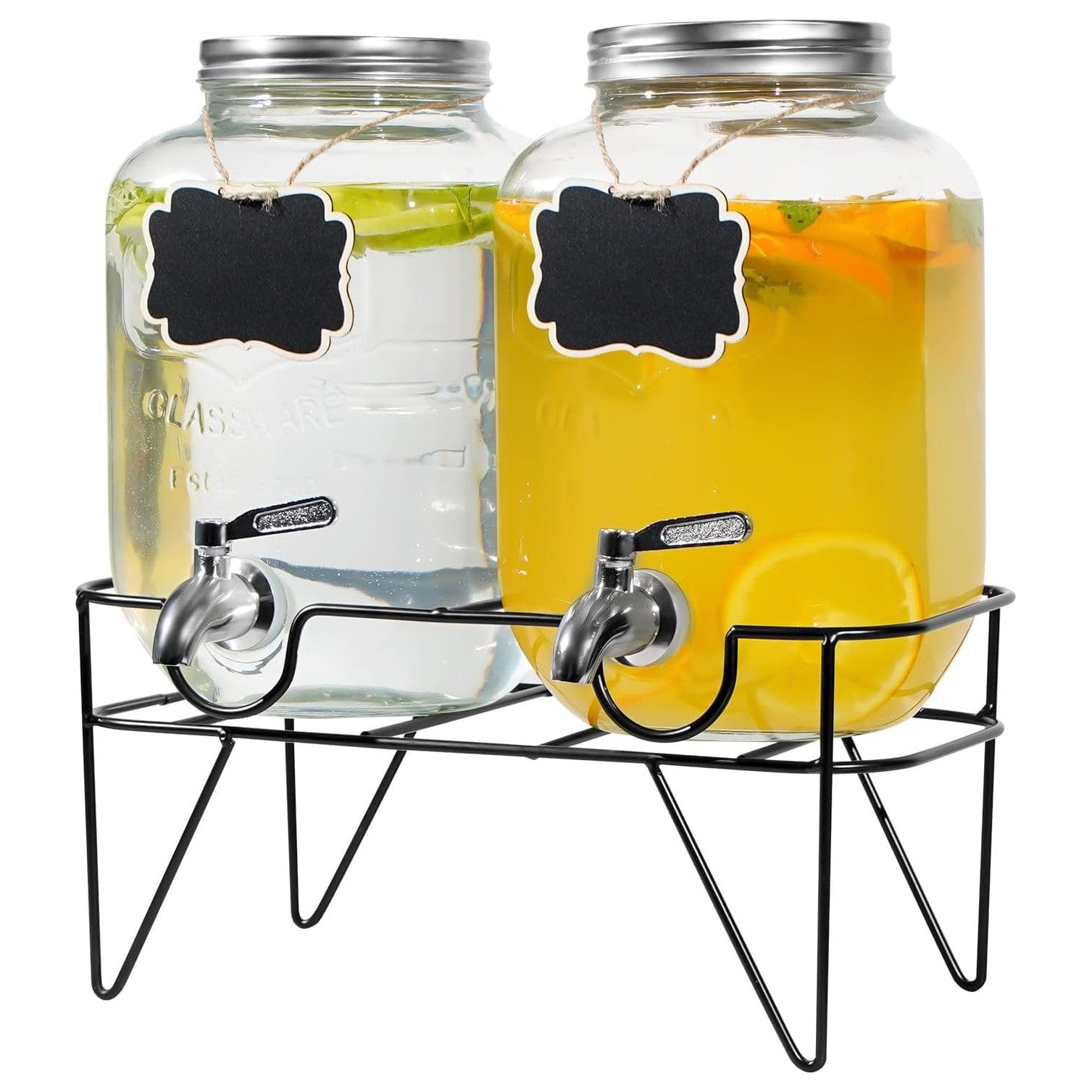 Getränkespender Mit Ständer, 5L Getränkespender Aus Glas Mit Rostfreiem Wasserhahn, Getränkespender Mit Bambusständer, Eiskalt- Oder Heißgetränkespender Für Partys 4L Mit Metallständer