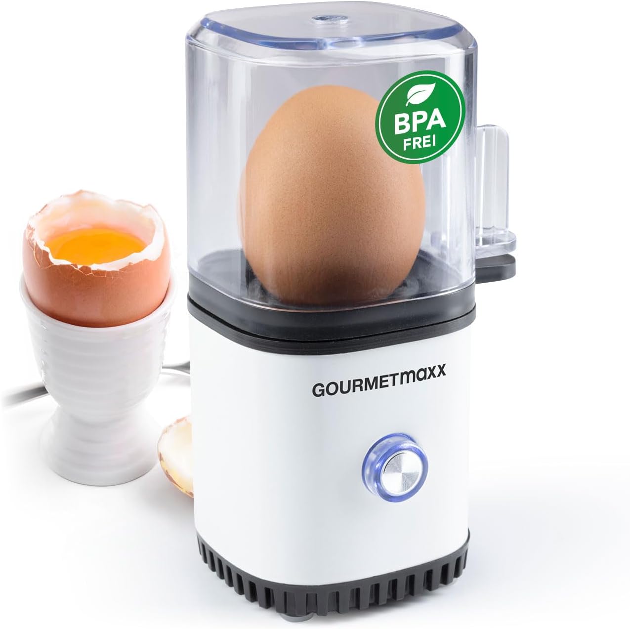 Gourmetmaxx Design Eierkocher Für 2 Eier | Kompakter Egg Boiler | Egg Cooker Mit Eierstecher, Messbecher & Signalton | 3 Härtegrade | Leichte Reinigung & Spülmaschinenfeste Teile Schwarz / 2 Eier