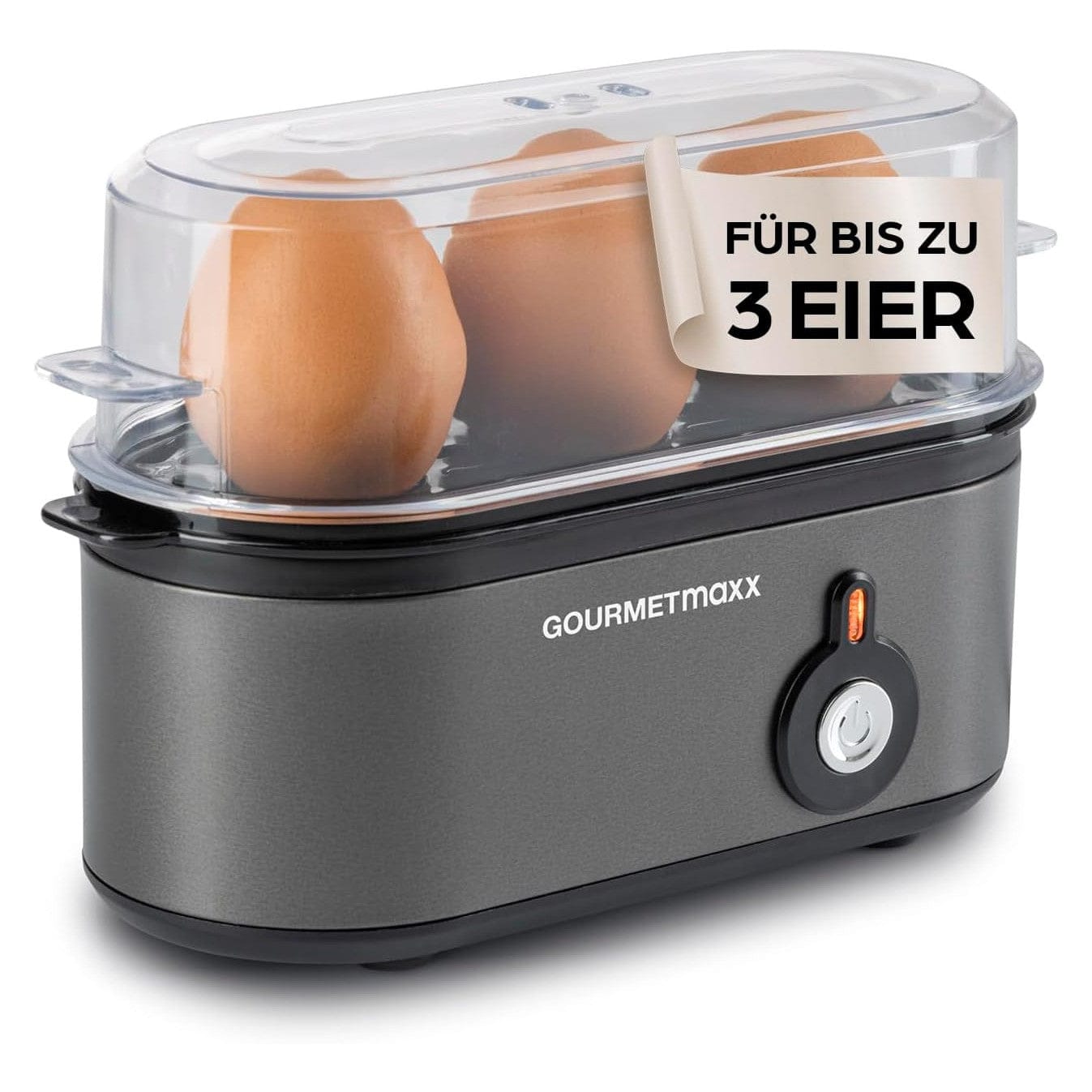 Gourmetmaxx Design Eierkocher Für 2 Eier | Kompakter Egg Boiler | Egg Cooker Mit Eierstecher, Messbecher & Signalton | 3 Härtegrade | Leichte Reinigung & Spülmaschinenfeste Teile Schwarz / 2 Eier