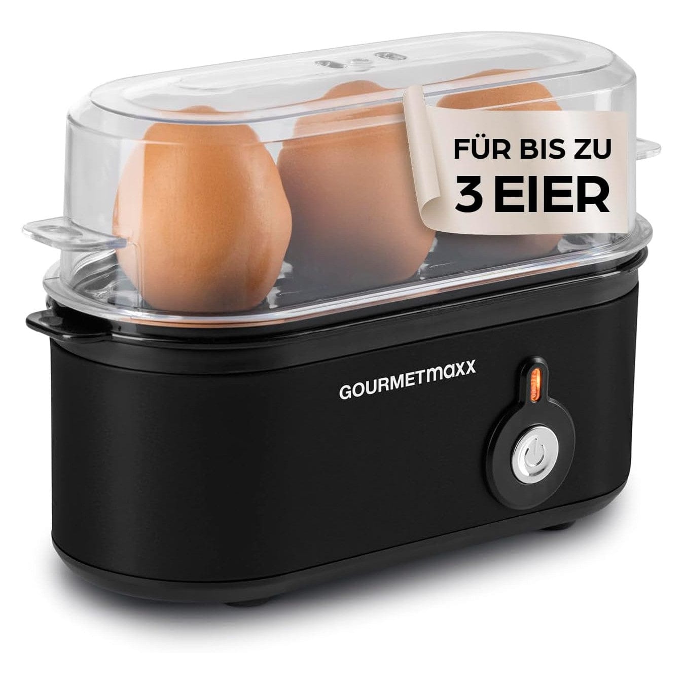 Gourmetmaxx Design Eierkocher Für 2 Eier | Kompakter Egg Boiler | Egg Cooker Mit Eierstecher, Messbecher & Signalton | 3 Härtegrade | Leichte Reinigung & Spülmaschinenfeste Teile Schwarz / 2 Eier