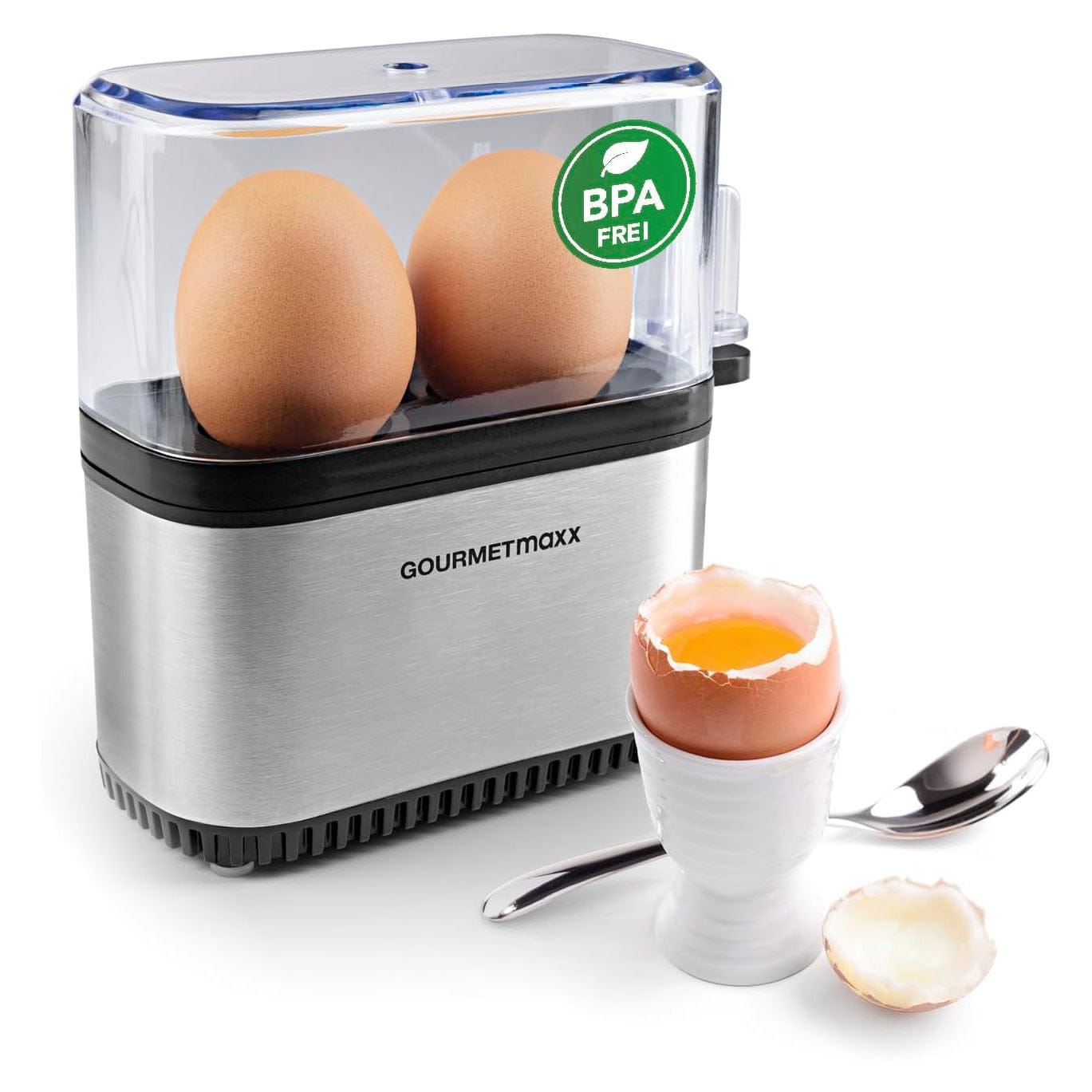Gourmetmaxx Design Eierkocher Für 2 Eier | Kompakter Egg Boiler | Egg Cooker Mit Eierstecher, Messbecher & Signalton | 3 Härtegrade | Leichte Reinigung & Spülmaschinenfeste Teile Schwarz / 2 Eier