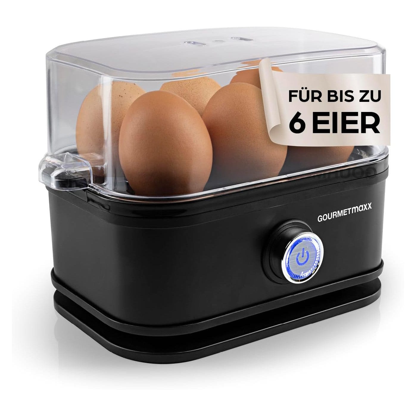 Gourmetmaxx Design Eierkocher Für 2 Eier | Kompakter Egg Boiler | Egg Cooker Mit Eierstecher, Messbecher & Signalton | 3 Härtegrade | Leichte Reinigung & Spülmaschinenfeste Teile Schwarz / 2 Eier