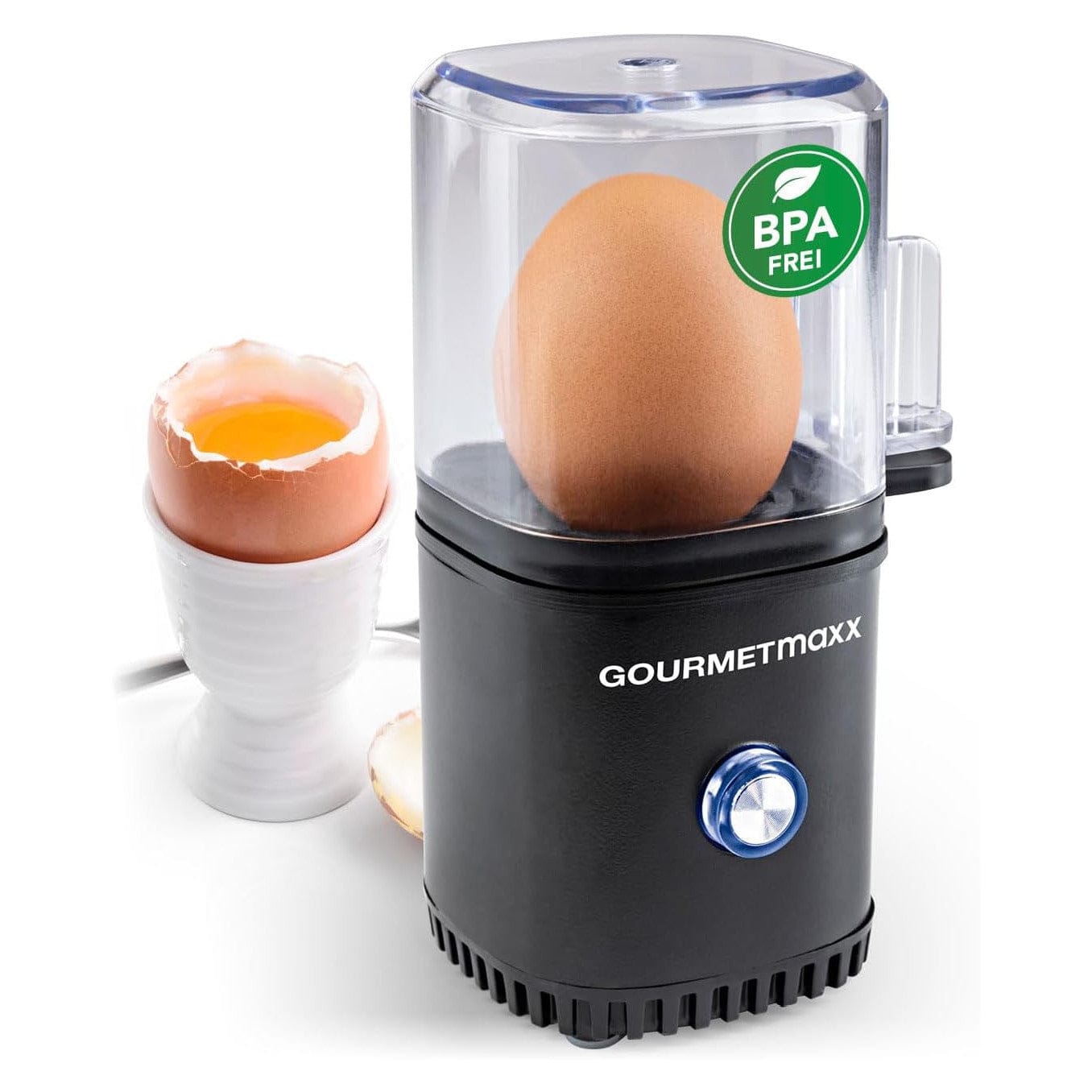 Gourmetmaxx Design Eierkocher Für 2 Eier | Kompakter Egg Boiler | Egg Cooker Mit Eierstecher, Messbecher & Signalton | 3 Härtegrade | Leichte Reinigung & Spülmaschinenfeste Teile Schwarz / 2 Eier